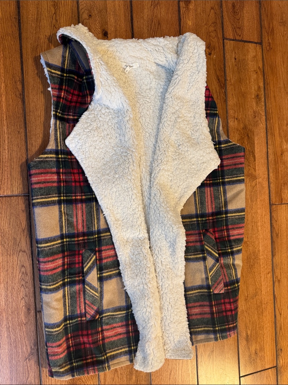 Maurices Plaid Sherpa Vest in Red, Tan & Cream